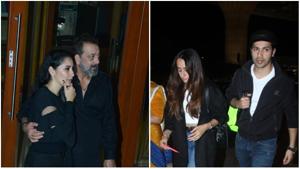 Maanayata Dutt with Sanjay Dutt and Natasha Dalal with Varun Dhawan.(Viral Bhayani) Maanayata Dutt with Sanjay Dutt and Natasha Dalal with Varun Dhawan.(Viral Bhayani)