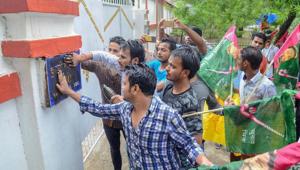Jan Adhikar Party supporters protest against Bihar’s Social Welfare Department Minister Manju Verma after allegations against her husband Chandeshwar Verma of frequently visiting the Muzaffarpur shelter home, in Patna on Sunday, July 29, 2018.(PTI Photo) Jan Adhikar Party supporters protest against Bihar’s Social Welfare Department Minister Manju Verma after allegations against her husband Chandeshwar Verma of frequently visiting the Muzaffarpur shelter home, in Patna on Sunday, July 29, 2018.(PTI Photo)