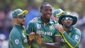 Kagiso Rabada, center, celebrates with teammates the dismissal of Sri Lanka's Shehan Jayasuriya during their first one day international cricket match in Dambulla, Sri Lanka, Sunday, July 29, 2018.(AP) Kagiso Rabada, center, celebrates with teammates the dismissal of Sri Lanka's Shehan Jayasuriya during their first one day international cricket match in Dambulla, Sri Lanka, Sunday, July 29, 2018.(AP)