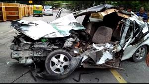 The mangled remains of the Honda City car that crashed into a water cannon vehicle on Parliament Street, New Delhi, on Sunday, July 29, 2018.(HT Photo) The mangled remains of the Honda City car that crashed into a water cannon vehicle on Parliament Street, New Delhi, on Sunday, July 29, 2018.(HT Photo)