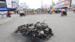 Buses were torched in Chakan after the Maratha agitation turned violent, in Pune.(HT File Photo) Buses were torched in Chakan after the Maratha agitation turned violent, in Pune.(HT File Photo)