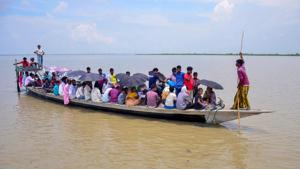 Villagers arrive by boat to check their names in the final draft of the National Register of Citizens at a centre at Goroimari after its release, in Kamrup district of Assam on Monday, July 30(PTI) Villagers arrive by boat to check their names in the final draft of the National Register of Citizens at a centre at Goroimari after its release, in Kamrup district of Assam on Monday, July 30(PTI)