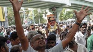 Dravida Munnetra Kazhagam (DMK) supporters outside the Kauvery hospital, where DMK chief M Karunanidhi is being treated, in Chennai. The DMK on Wednesday said 21 of its party workers have died unable to bear the “shock” of the illness and hospitalisation of party chief M Karunanidhi.(PTI Photo) Dravida Munnetra Kazhagam (DMK) supporters outside the Kauvery hospital, where DMK chief M Karunanidhi is being treated, in Chennai. The DMK on Wednesday said 21 of its party workers have died unable to bear the “shock” of the illness and hospitalisation of party chief M Karunanidhi.(PTI Photo)