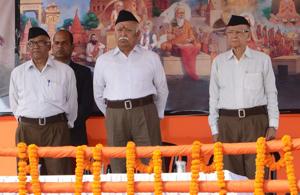 RSS Chief Mohan Bhagwat and other in Sangh Samagam organised in Varanasi in February 2018.(HT File Photo) RSS Chief Mohan Bhagwat and other in Sangh Samagam organised in Varanasi in February 2018.(HT File Photo)