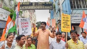 Congress party leaders raise slogans during a protest against controversial Assam's National Register of Citizen (NRC) draft in front of Assam House, in Kolkata on Thursday, Aug 2, 2018. (PTI Photo/Swapan Mahapatra) (PTI8_2_2018_000086B)(PTI) Congress party leaders raise slogans during a protest against controversial Assam's National Register of Citizen (NRC) draft in front of Assam House, in Kolkata on Thursday, Aug 2, 2018. (PTI Photo/Swapan Mahapatra) (PTI8_2_2018_000086B)(PTI)