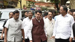 Maharashtra chief minister Devendra Fadnavis and BJP leaders arrive for the meeting at the BJP office in Mumbai on Thursday.(KUNAL PATIL/HT PHOTO) Maharashtra chief minister Devendra Fadnavis and BJP leaders arrive for the meeting at the BJP office in Mumbai on Thursday.(KUNAL PATIL/HT PHOTO)