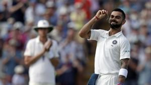India's captain Virat Kohli holds his wedding ring as he celebrates scoring his century on the second day of the first Test cricket match between England and India at Edgbaston in Birmingham.(AFP) India's captain Virat Kohli holds his wedding ring as he celebrates scoring his century on the second day of the first Test cricket match between England and India at Edgbaston in Birmingham.(AFP)