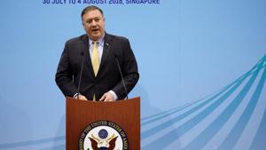 US secretary of state Mike Pompeo speaks during a news conference at the ASEAN Foreign Ministers' Meeting in Singapore on August 4.(REUTERS) US secretary of state Mike Pompeo speaks during a news conference at the ASEAN Foreign Ministers' Meeting in Singapore on August 4.(REUTERS)