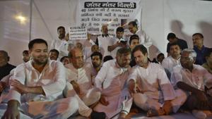 (From left) RJD leader Tejashwi Prasad Yadav, TMC’s Dinesh Trivedi, Loktantrik Janata Dal leader Sharad Yadav, Congress chief Rahul Gandhi and CPI parliamentarian D Raja during a protest in Delhi on Saturday against the sexual abuse of girls at a shelter home in Muzaffarpur.(Sanchit Khanna/HT Photo) (From left) RJD leader Tejashwi Prasad Yadav, TMC’s Dinesh Trivedi, Loktantrik Janata Dal leader Sharad Yadav, Congress chief Rahul Gandhi and CPI parliamentarian D Raja during a protest in Delhi on Saturday against the sexual abuse of girls at a shelter home in Muzaffarpur.(Sanchit Khanna/HT Photo)