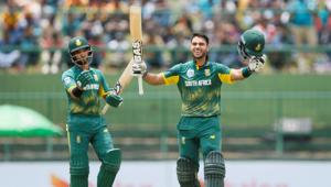 Cricket - Sri Lanka v South Africa - Third One-Day International - Pallekele, Sri Lanka - August 5, 2018 - South Africa's Reeza Hendricks (R) celebrates his century next to his teammate Jean-Paul Duminy(REUTERS) Cricket - Sri Lanka v South Africa - Third One-Day International - Pallekele, Sri Lanka - August 5, 2018 - South Africa's Reeza Hendricks (R) celebrates his century next to his teammate Jean-Paul Duminy(REUTERS)