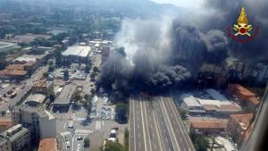A general view of the motorway after an accident caused a large explosion and fire at Borgo Panigale, on the outskirts of Bologna, Italy.(REUTERS) A general view of the motorway after an accident caused a large explosion and fire at Borgo Panigale, on the outskirts of Bologna, Italy.(REUTERS)
