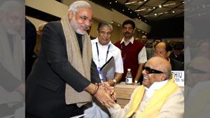 Photo of Narendra Modi with the former Tamil Nadu chief minister M Karunanidhi in 2007.(HT File Photo) Photo of Narendra Modi with the former Tamil Nadu chief minister M Karunanidhi in 2007.(HT File Photo)
