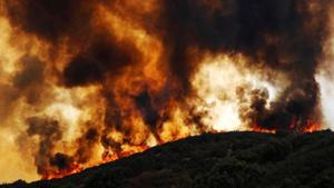 Wind-driven flames roll over a hill towards homes during the River Fire (Mendocino Complex) near Lakeport, on August 2.(Reuters photo) Wind-driven flames roll over a hill towards homes during the River Fire (Mendocino Complex) near Lakeport, on August 2.(Reuters photo)