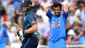 India's Yuzvendra Chahal (R) reacts during the One Day International (ODI) cricket match between England and India.(AFP) India's Yuzvendra Chahal (R) reacts during the One Day International (ODI) cricket match between England and India.(AFP)