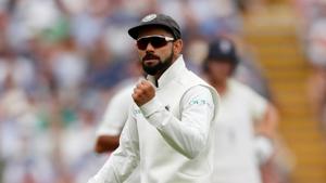 India's Virat Kohli Sharma celebrates after England's Jonny Bairstow (not pictured) loses his wicket in the first Test.(Reuters) India's Virat Kohli Sharma celebrates after England's Jonny Bairstow (not pictured) loses his wicket in the first Test.(Reuters)