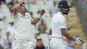 England's James Anderson reacts after a teammate dropped a possible catch for the dismissal of Indian cricket captain Virat Kohli.(AP) England's James Anderson reacts after a teammate dropped a possible catch for the dismissal of Indian cricket captain Virat Kohli.(AP)
