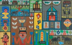 World of Magician, acrylic on canvas, 2004. Parekh’s work draws from folk art while retaining a distinctive style. World of Magician, acrylic on canvas, 2004. Parekh’s work draws from folk art while retaining a distinctive style.