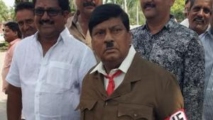 Telegu Desam Party MP and former actor Naramalli Sivaprasad dressed up as Adolf Hitler in Parliament.(ANI Twitter) Telegu Desam Party MP and former actor Naramalli Sivaprasad dressed up as Adolf Hitler in Parliament.(ANI Twitter)