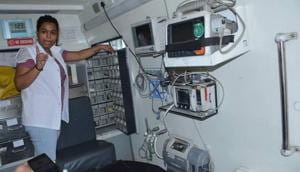 An advanced life support ambulance at the Panchkula civil hospital. A mini intensive care unit, it has almost every facility — ventilator, defibrillator, BP monitor and suction machine — to stabilise a critically ill patient or accident victim while on the way to hospital. Unlike in Chandigarh, it caters to the whole district, not just VVIPs.(HT Photo) An advanced life support ambulance at the Panchkula civil hospital. A mini intensive care unit, it has almost every facility — ventilator, defibrillator, BP monitor and suction machine — to stabilise a critically ill patient or accident victim while on the way to hospital. Unlike in Chandigarh, it caters to the whole district, not just VVIPs.(HT Photo)