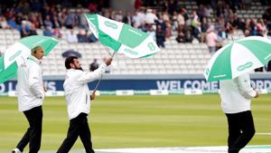 Cricket - England v India - Second Test - Lord’s, London, Britain - August 9, 2018 Umpires Jeffrey Crowe, Aleem Dar and Marais Erasmus check the condition of the pitch during a rain delay(Action Images via Reuters) Cricket - England v India - Second Test - Lord’s, London, Britain - August 9, 2018 Umpires Jeffrey Crowe, Aleem Dar and Marais Erasmus check the condition of the pitch during a rain delay(Action Images via Reuters)