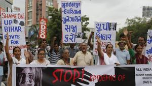 Activists protest against recent incidents of sexual abuse in shelter homes of Bihar and Uttar Pradesh, in Ahmedabad.(AP File Photo) Activists protest against recent incidents of sexual abuse in shelter homes of Bihar and Uttar Pradesh, in Ahmedabad.(AP File Photo)
