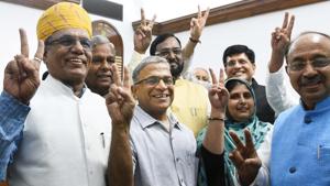 BJP candidate Harivansh Narayan Singh (C) shows victory sign after filling his nomination for the post of Rajya Sabha deputy chairman during Monsoon Session of Parliament, in New Delhi, India, on Tuesday, August 7, 2018.(Vipin Kumar/HT PHOTO) BJP candidate Harivansh Narayan Singh (C) shows victory sign after filling his nomination for the post of Rajya Sabha deputy chairman during Monsoon Session of Parliament, in New Delhi, India, on Tuesday, August 7, 2018.(Vipin Kumar/HT PHOTO)