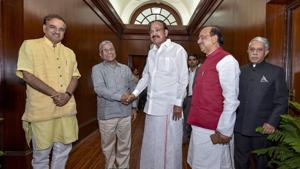 Newly-elected deputy chairman of Rajya Sabha, Harivansh Narayan Singh (second left), is greeted by vice president M Venkaiah Naidu at Parliament, in New Delhi.(PTI Photo) Newly-elected deputy chairman of Rajya Sabha, Harivansh Narayan Singh (second left), is greeted by vice president M Venkaiah Naidu at Parliament, in New Delhi.(PTI Photo)