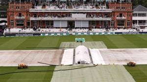 Cricket - England v India - Second Test - Lord’s, London, Britain - August 9, 2018 General view of covers on the pitch during a rain delay(Action Images via Reuters) Cricket - England v India - Second Test - Lord’s, London, Britain - August 9, 2018 General view of covers on the pitch during a rain delay(Action Images via Reuters)