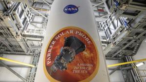 In this image provided by NASA, the United Launch Alliance Delta IV Heavy rocket payload fairing is seen with the NASA and Parker Solar Probe emblems on August 8, 2018, at Cape Canaveral Air Force Station, Florida. Parker Solar Probe will travel through the sun's atmosphere, closer to the surface than any other spacecraft before it.(AP) In this image provided by NASA, the United Launch Alliance Delta IV Heavy rocket payload fairing is seen with the NASA and Parker Solar Probe emblems on August 8, 2018, at Cape Canaveral Air Force Station, Florida. Parker Solar Probe will travel through the sun's atmosphere, closer to the surface than any other spacecraft before it.(AP)