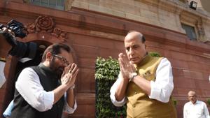 Home minister Rajnath Singh with Union minister Mukhtar Abbas Naqavi at Parliament House, in New Delhi.(Arvind Yadav/HT Photo) Home minister Rajnath Singh with Union minister Mukhtar Abbas Naqavi at Parliament House, in New Delhi.(Arvind Yadav/HT Photo)