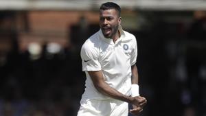 India's Hardik Pandya celebrates taking the wicket of England's Ollie Pope during the third day of the second Test match between England and India at Lord's cricket ground in London on August 11, 2018.(AP) India's Hardik Pandya celebrates taking the wicket of England's Ollie Pope during the third day of the second Test match between England and India at Lord's cricket ground in London on August 11, 2018.(AP)