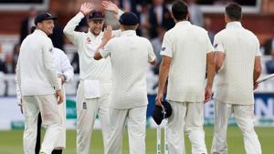 England's Joe Root (2L) celebrates with teammates after winning the second Test cricket match between England and India at Lord's Cricket Ground in London.(AFP) England's Joe Root (2L) celebrates with teammates after winning the second Test cricket match between England and India at Lord's Cricket Ground in London.(AFP)