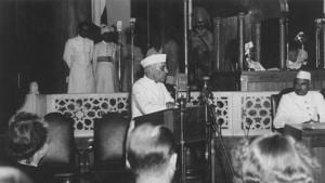Pandit Jawaharlal Nehru addressing the midnight session of the Constituent Assembly of India on August 15, 1947.(HT Photo) Pandit Jawaharlal Nehru addressing the midnight session of the Constituent Assembly of India on August 15, 1947.(HT Photo)