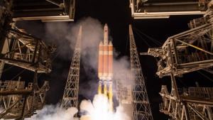This handout photo released by NASA shows the United Launch Alliance Delta IV Heavy rocket with the Parker Solar Probe onboard during its launch on August 12, 2018, Launch Complex 37 at Cape Canaveral Air Force Station in Florida.(AFP) This handout photo released by NASA shows the United Launch Alliance Delta IV Heavy rocket with the Parker Solar Probe onboard during its launch on August 12, 2018, Launch Complex 37 at Cape Canaveral Air Force Station in Florida.(AFP)