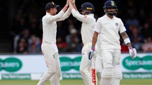 Cricket - England v India - Second Test - Lord’s, London, Britain - August 12, 2018 England's Ollie Pope celebrates with Joe Root after taking a catch to dismiss India's Virat Kohli(Action Images via Reuters) Cricket - England v India - Second Test - Lord’s, London, Britain - August 12, 2018 England's Ollie Pope celebrates with Joe Root after taking a catch to dismiss India's Virat Kohli(Action Images via Reuters)