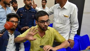 Jawaharlal Nehru University (JNU) student Umar Khalid speaks to the media moments after he was shot at, during an event at the Constitution Club in New Delhi on Monday, Aug 13, 2018.(PTI Photo)