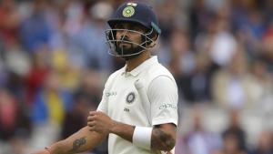 Virat Kohli leaves the pitch after he is caught by England's Ollie Pope off the bowling of England's Stuart Broad.(AP) Virat Kohli leaves the pitch after he is caught by England's Ollie Pope off the bowling of England's Stuart Broad.(AP)
