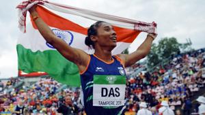 Tampere: Hima Das, of India, celebrates her victory in women's 400 meter race at the 2018 IAAF World U20 Championships in Tampere, Finland, Thursday, July 12, 2018.(AP)