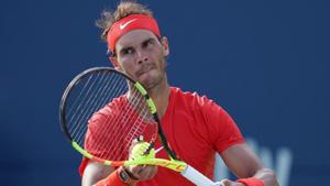 Rafael Nadal (ESP) prepares to serve to Stefanos Tsitsipas (not pictured) during the championship in the Rogers Cup tennis tournament in Toronto.(USA TODAY Sports) Rafael Nadal (ESP) prepares to serve to Stefanos Tsitsipas (not pictured) during the championship in the Rogers Cup tennis tournament in Toronto.(USA TODAY Sports)