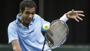 India's Ramkumar Ramanathan returns to Canada's Brayden Schnur during a Davis Cup tennis match in Edmonton, Alberta.(AP) India's Ramkumar Ramanathan returns to Canada's Brayden Schnur during a Davis Cup tennis match in Edmonton, Alberta.(AP)