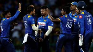 Sri Lanka's Lakshan Sandakan celebrates with his teammates after taking the wicket of South Africa's Andile Phehlukwayo.(REUTERS) Sri Lanka's Lakshan Sandakan celebrates with his teammates after taking the wicket of South Africa's Andile Phehlukwayo.(REUTERS)