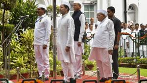 Congress president Rahul Gandhi at the flag hoisting ceremony at AICC headquarters in New Delhi on Wednesday.(PTI)