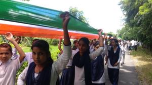 Inhabitants of a Baksa village, one of the four that form the Bodoland Territorial Administrative Districts (BTAD) in lower Assam, stitched up a 3.5 km long tricolour to celebrate Independence Day on Wednesday.(HT Photo) Inhabitants of a Baksa village, one of the four that form the Bodoland Territorial Administrative Districts (BTAD) in lower Assam, stitched up a 3.5 km long tricolour to celebrate Independence Day on Wednesday.(HT Photo)