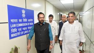 Senior BJP leader Mukhtar Abbas Naqvi and others come out after a meeting with chairman of Law Commission on simultaneous polls, at Law Commission of India, Lok Nayak Bhawan in New Delhi on August 13, 2018.(Sushil Kumar/HT PHOTO) Senior BJP leader Mukhtar Abbas Naqvi and others come out after a meeting with chairman of Law Commission on simultaneous polls, at Law Commission of India, Lok Nayak Bhawan in New Delhi on August 13, 2018.(Sushil Kumar/HT PHOTO)