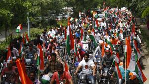 Hundreds of bikers participated in the Yuva Vishal Tiranga Yatra as part of the Independence Day celebration at Nirvana Country, Sector 50, in Gurugram, India, on Wednesday, August 15, 2018.(Yogendra Kumar/HT PHOTO) Hundreds of bikers participated in the Yuva Vishal Tiranga Yatra as part of the Independence Day celebration at Nirvana Country, Sector 50, in Gurugram, India, on Wednesday, August 15, 2018.(Yogendra Kumar/HT PHOTO)