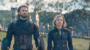 Captain America/Steve Rogers (Chris Evans) and Black Widow/Natasha Romanoff (Scarlett Johansson) in a still from Marvel’s Avengers: Infinity War.