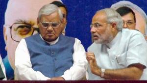 In this Nov. 2004, file photo former prime minister Atal Bihari Vajpayee is seen with the then Gujarat chief minister Narendra Modi at a public meeting in Ahmedabad.(PTI File Photo) In this Nov. 2004, file photo former prime minister Atal Bihari Vajpayee is seen with the then Gujarat chief minister Narendra Modi at a public meeting in Ahmedabad.(PTI File Photo)