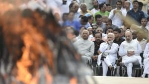 Prime Minister Narendra Modi, BJP chief Amit Shah and President Ram Nath Kovind look on during Atal Bihari Vajpayee’s funeral ceremony at Smriti Sthal, New Delhi.(Ajay Aggarwal/HT Photo) Prime Minister Narendra Modi, BJP chief Amit Shah and President Ram Nath Kovind look on during Atal Bihari Vajpayee’s funeral ceremony at Smriti Sthal, New Delhi.(Ajay Aggarwal/HT Photo)