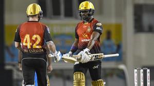 Darren Bravo (R) and Brendon McCullum came out all guns blazing to guide Trinbago Knight Riders to a thrilling five-wicket win over St Lucia Stars at Gros Islet.(Twitter)