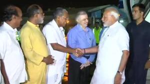 PM Modi arrived in Kerala on Friday night. He was received by chief minister Pinarayi Vijayan, Governor P Sathasivam and Union minister KJ Alphons.(ANI/Twitter) PM Modi arrived in Kerala on Friday night. He was received by chief minister Pinarayi Vijayan, Governor P Sathasivam and Union minister KJ Alphons.(ANI/Twitter)